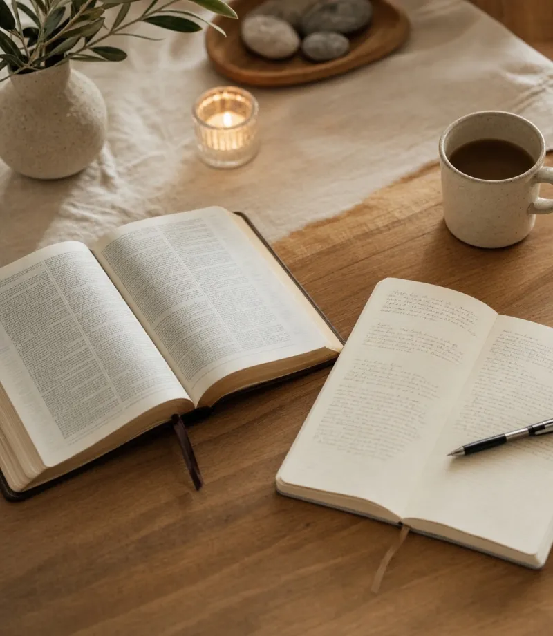 An open Bible, notebook, candle, and mug on a warm wooden table