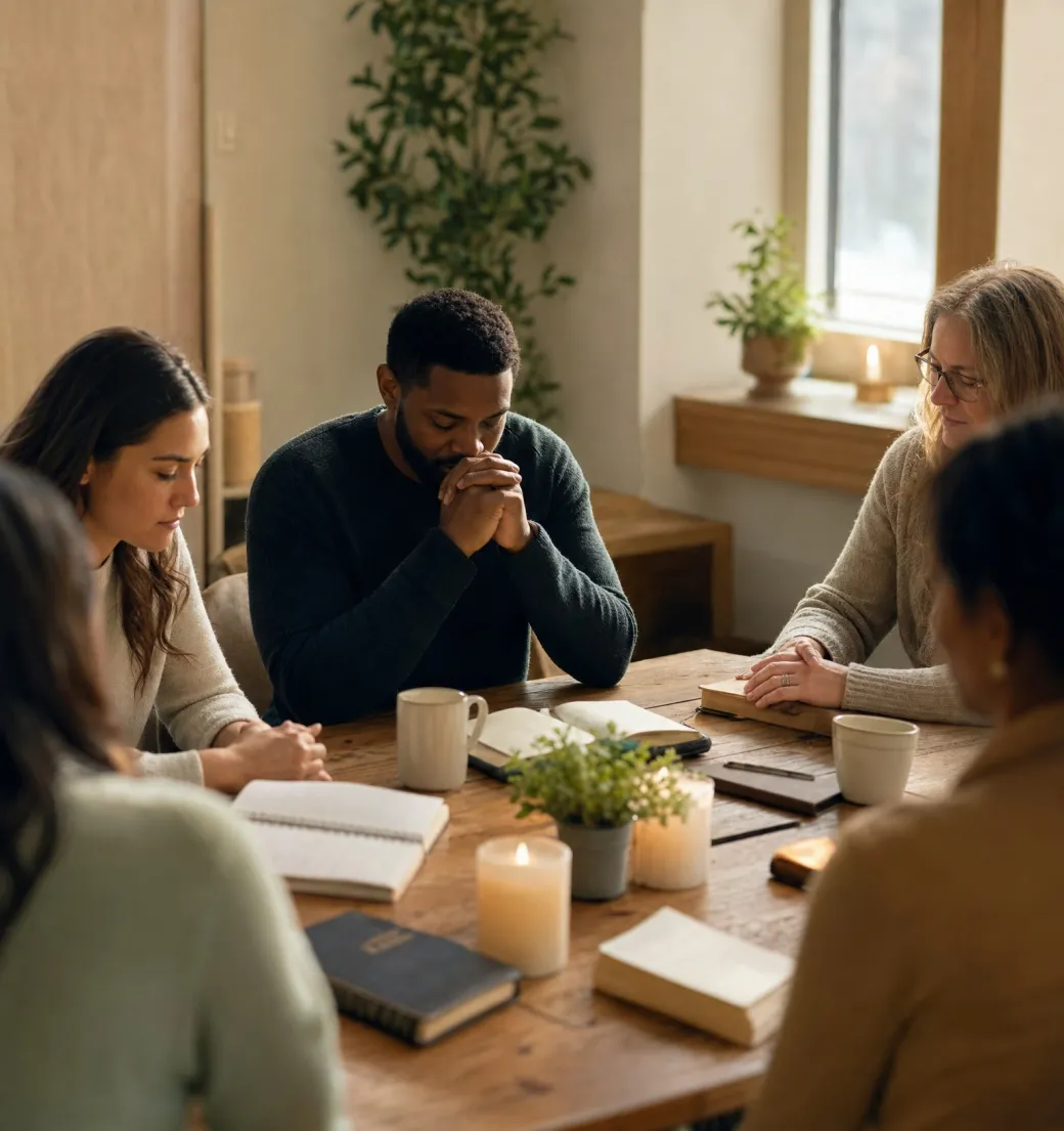 A small prayer group gathered around a warm wooden table in soft sanctuary light