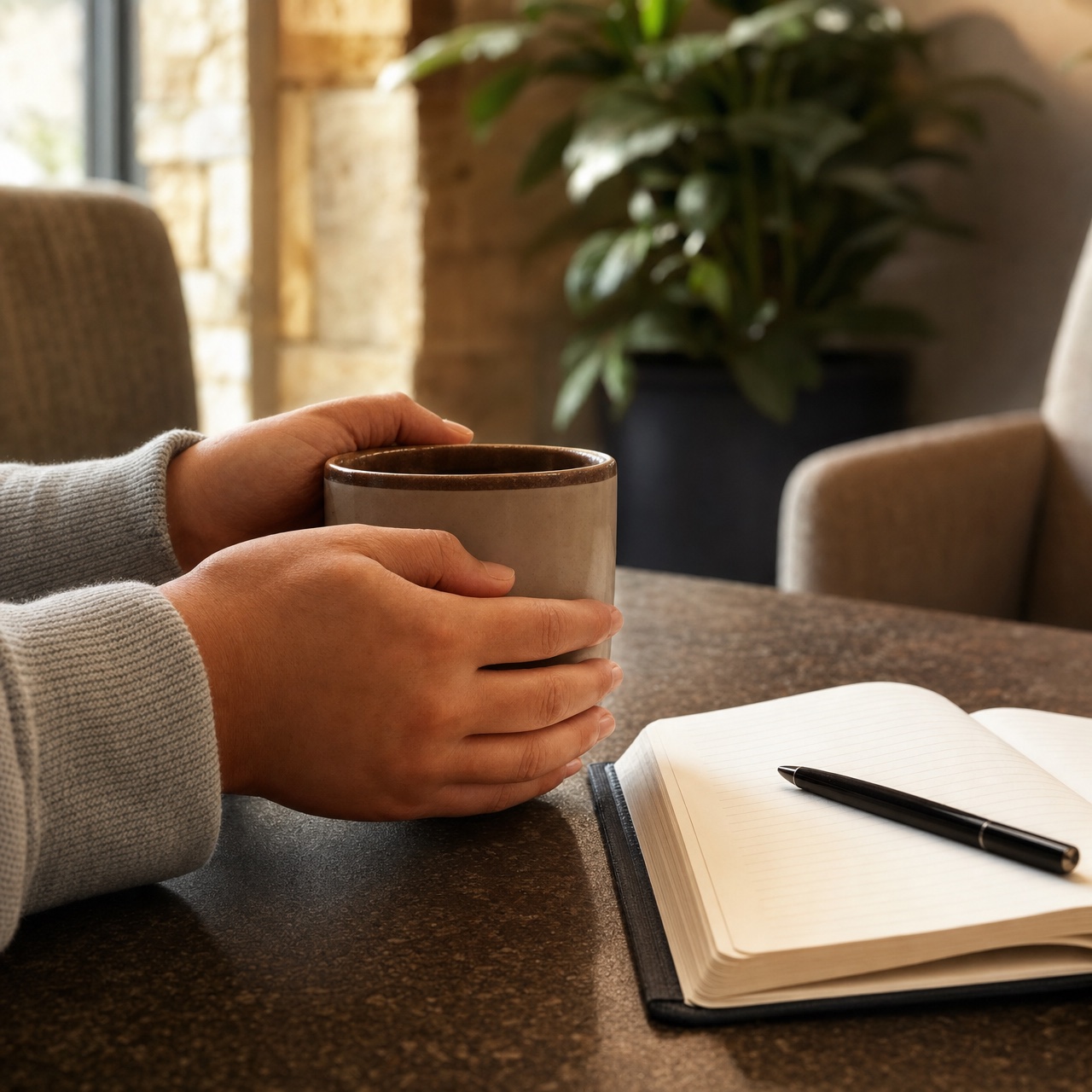 Hands holding a mug beside notes for a church conversation